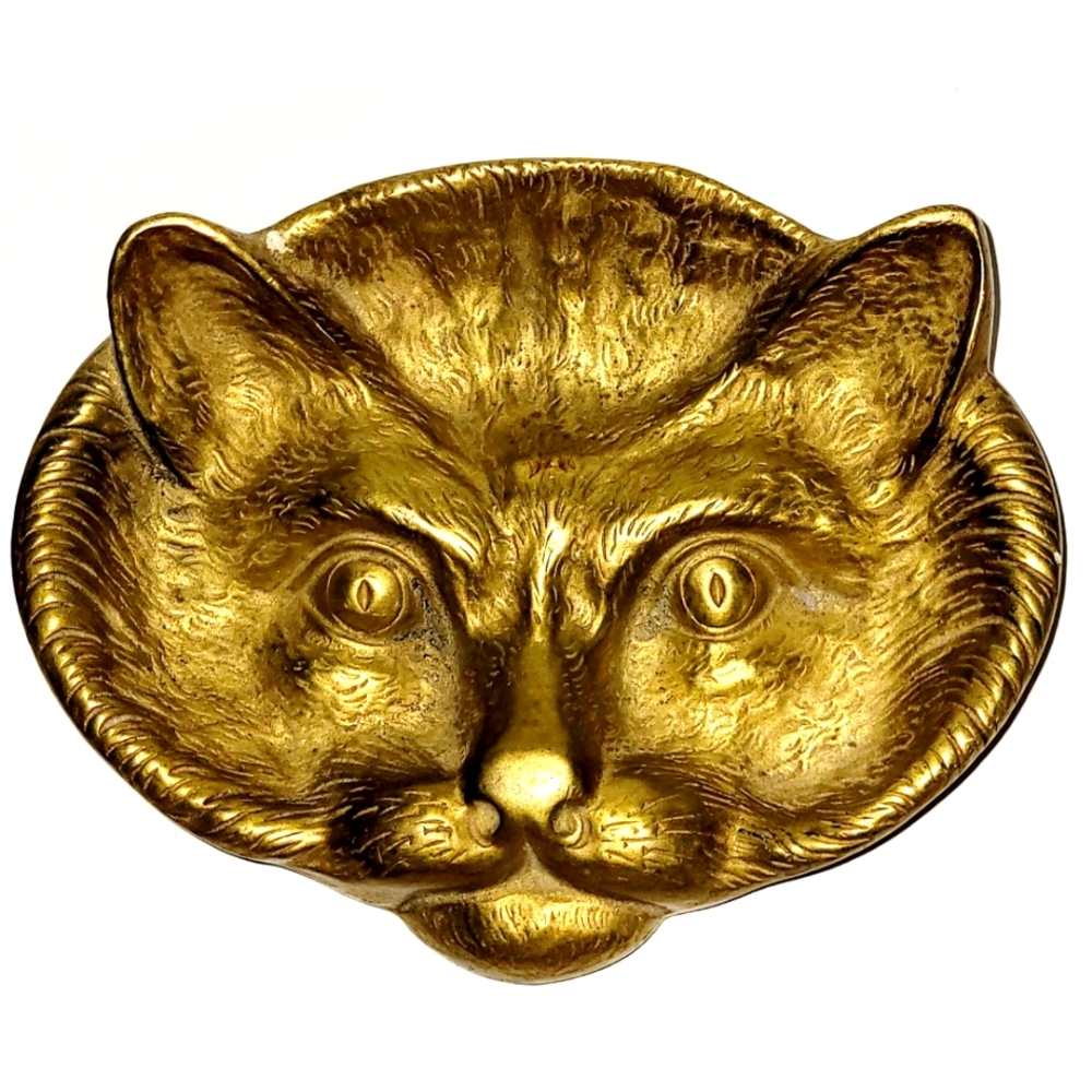 Vintage Cat Face Brass Trinket Dish